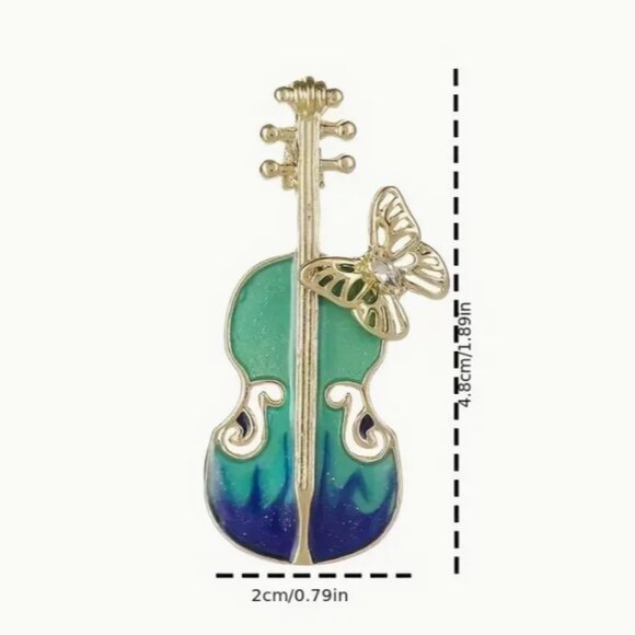 Novelty Musical Violin & Butterfly Design Charm Colorful Goldtoned Brooch - Picture 3 of 4